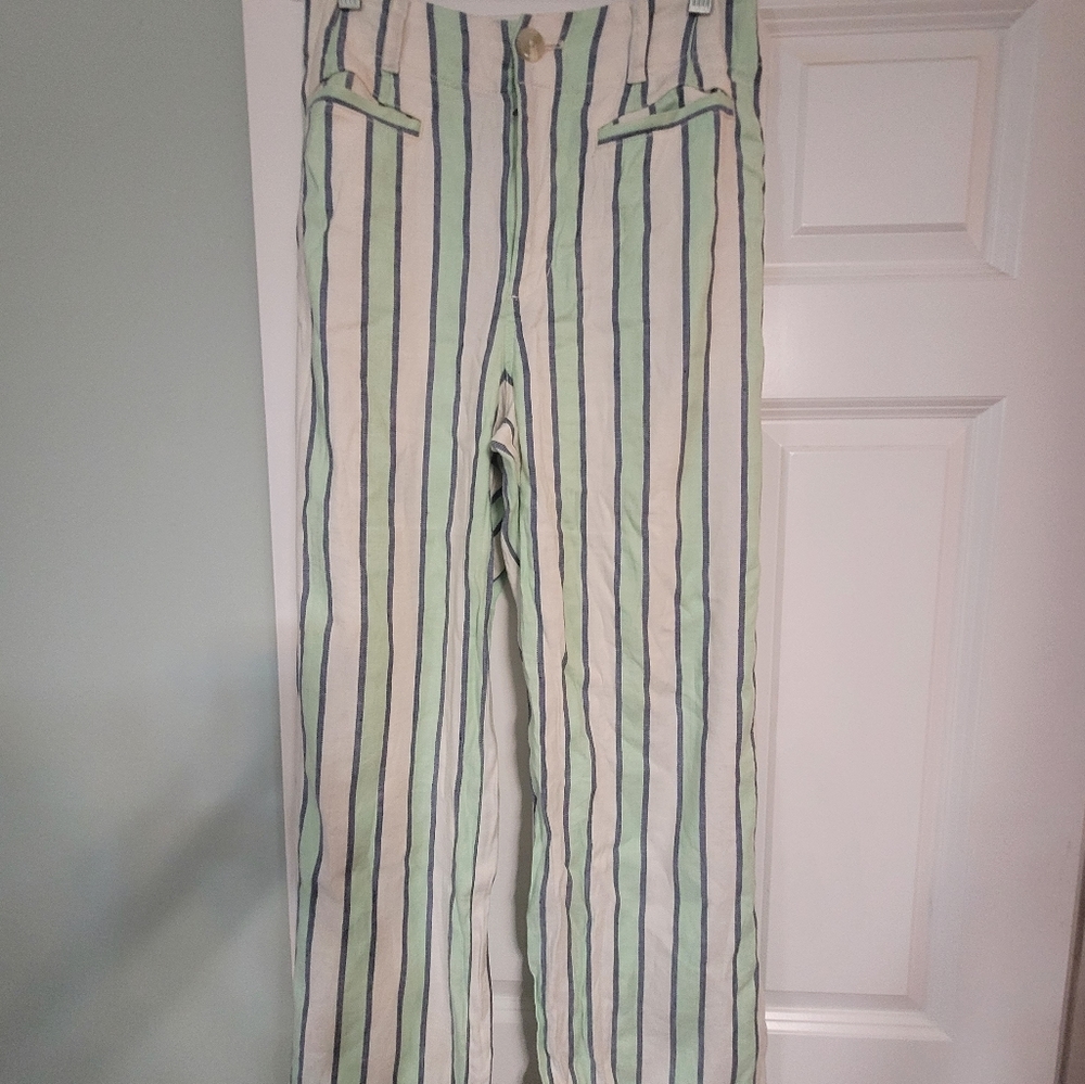 Anthropologie Maeve Collette Wide Leg Striped Pants Green White Sz 6 Linen Blend